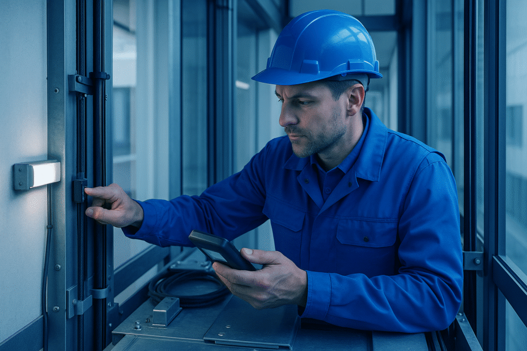 Aszendio-Aufzugswartung und Aufzugsservice: Ein Techniker arbeitet auf dem Fahrkorb eines Aufzugs und erfüllt damit die Pflichten für Aufzugsbetreiber.