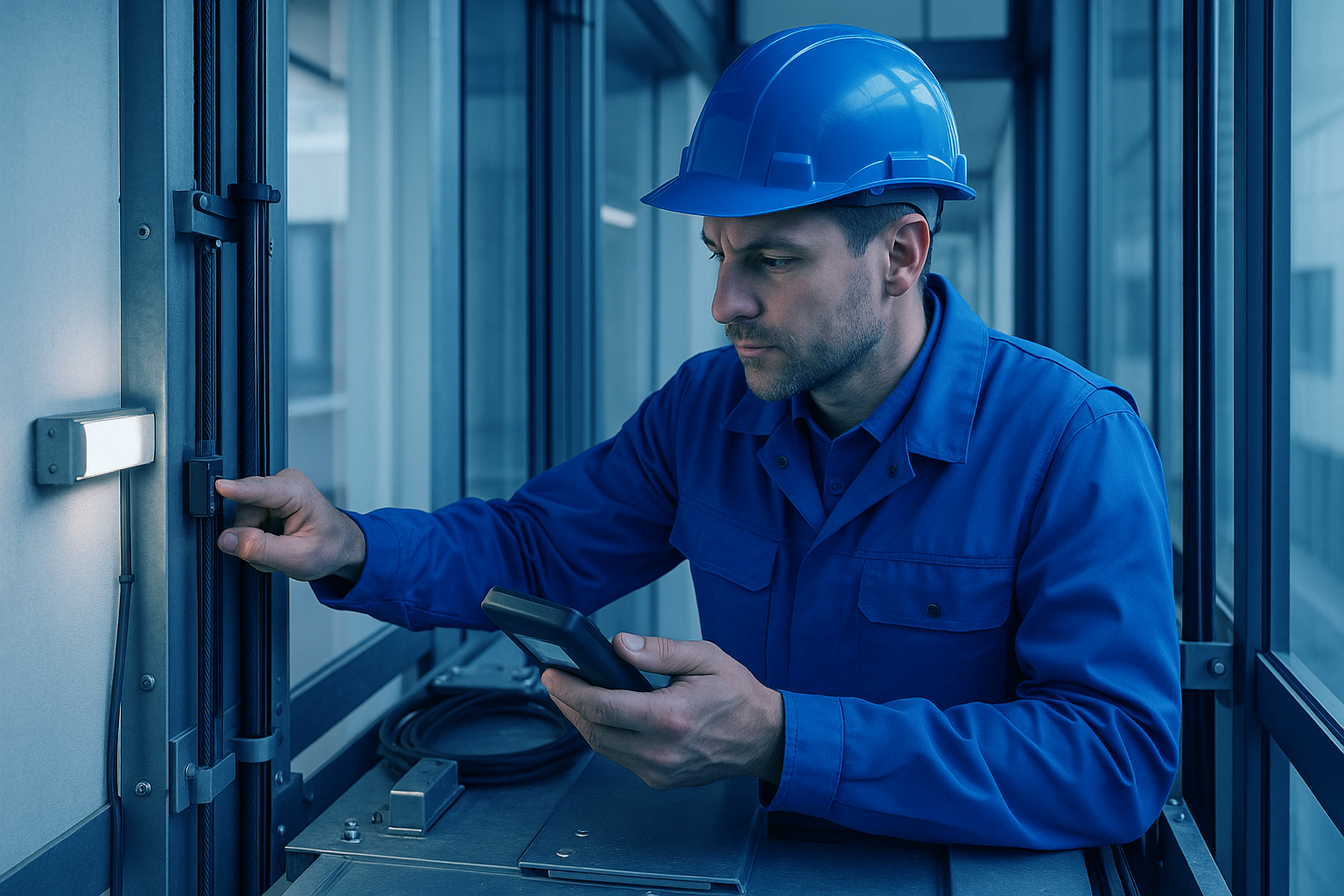 Aszendio-Aufzugswartung und Aufzugsservice: Ein Techniker arbeitet auf dem Fahrkorb eines Aufzugs und erfüllt damit die Pflichten für Aufzugsbetreiber.